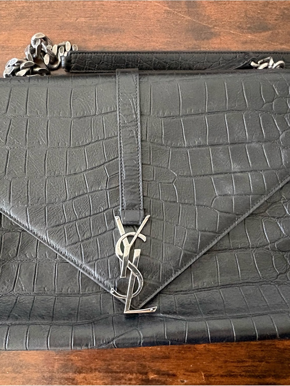 Saint Laurent Black Croc-Embossed Collége Shoulder Bag with Silver Hardware